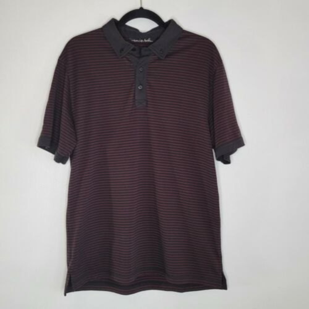 Travis Mathew Pima Cotton Blend Polo Shirt Short Sleeve Black Red Striped Large